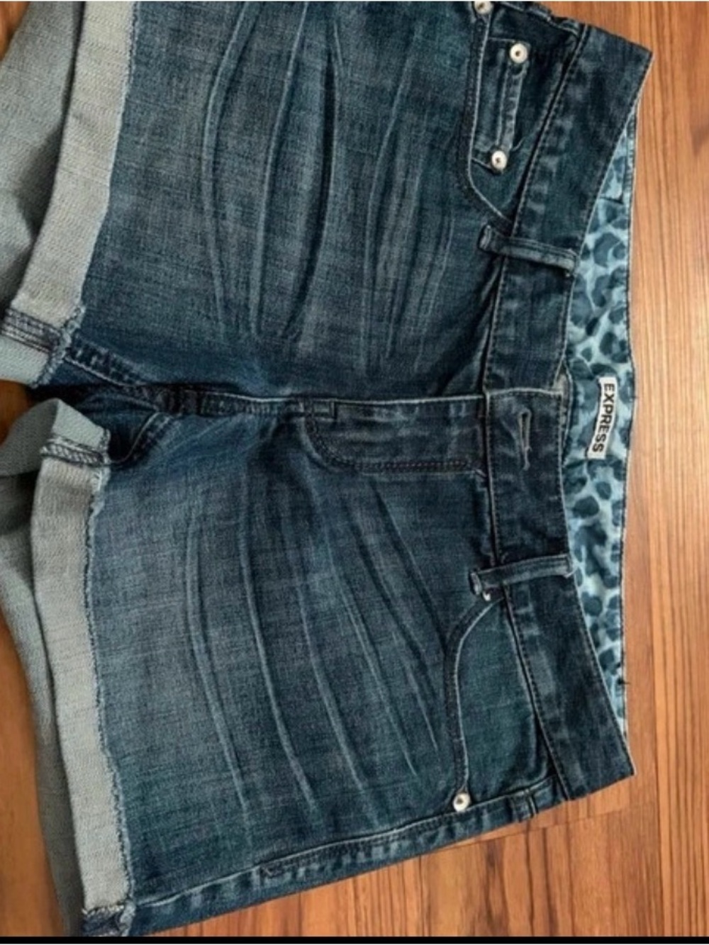 Express Women's Dark Wash Denim Roll Cuff Shorts with Leopard Trim